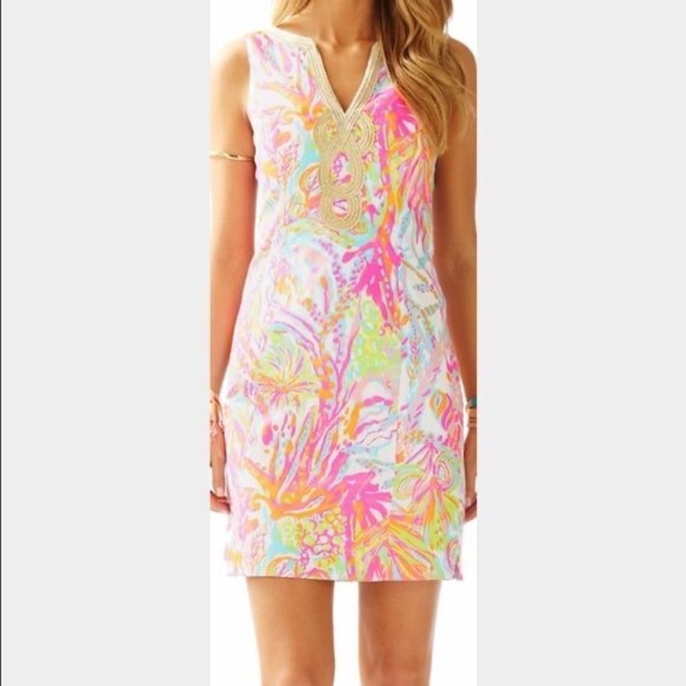 Lilly Pulitzer Janice Shift Dress Size 2 Pink Multicolor Embellished